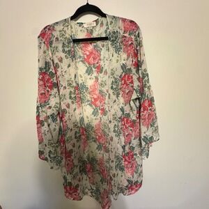 Umgee Floral Print Kimono Open Front Sheer Duster Cardigan XL/1X Roses